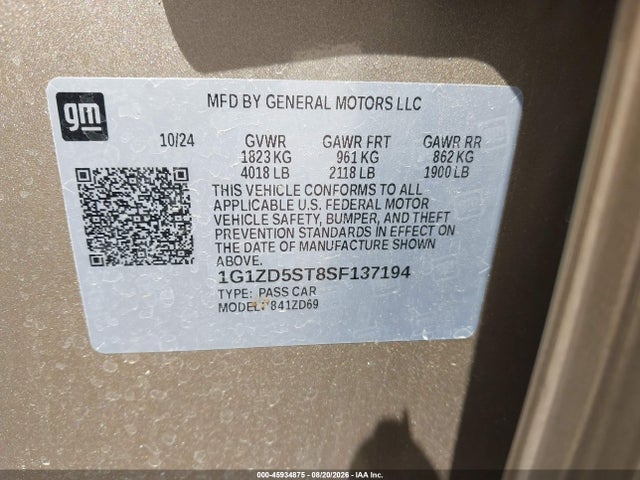 1G1ZD5ST8SF137194 Chevrolet Malibu Fwd 1lt