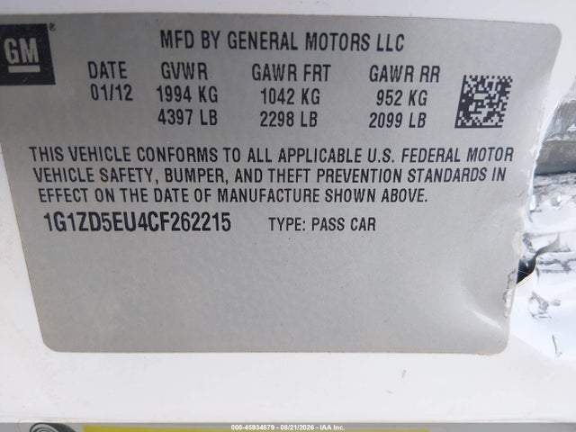 Aukcja sprzedaży 2012 Chevrolet Malibu 2lt, vin: 1G1ZD5EU4CF262215, numer aukcji: 45934879