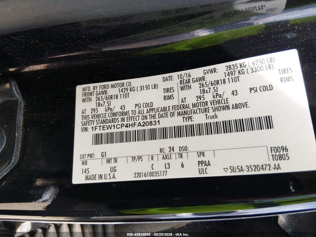 Aukcja sprzedaży 2017 Ford F-150 Xlt, vin: 1FTEW1CP4HFA20831, numer aukcji: 45934890