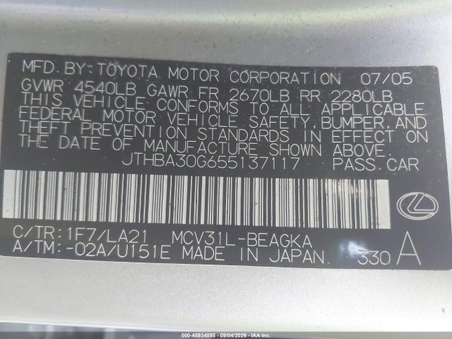 45934895 :رقم المزاد ، JTHBA30G655137117 vin ، 2005 Lexus Es 330 مزاد بيع