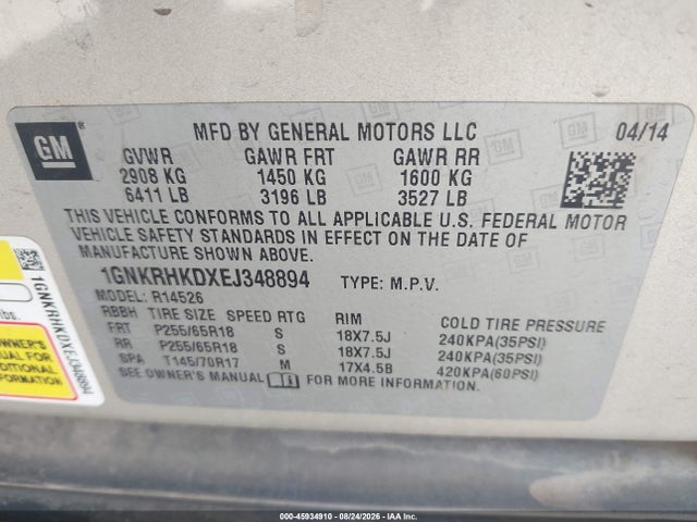 1GNKRHKDXEJ348894 Chevrolet Traverse 2lt