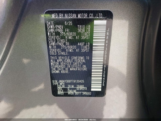 45934933 :رقم المزاد ، JN8AY3DB7T9120425 vin ، 2026 Nissan Armada Pro-4x مزاد بيع
