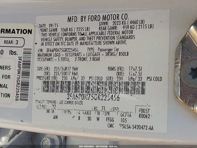 Ford FUSION SE 2016 3FA6P0H75GR225456 Image 9