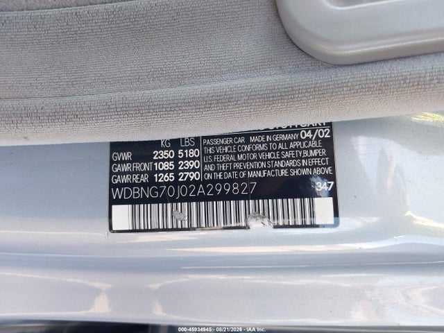 Продаж на аукціоні авто 2002 Mercedes-benz S 430, vin: WDBNG70J02A299827, номер лоту: 45934945