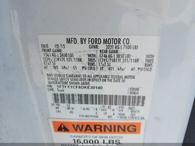 2013 Ford F-150 Xl მანქანა იყიდება აუქციონზე, vin: 1FTFX1CF8DKE30140, აუქციონის ნომერი: 45934948