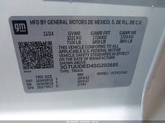 2025 Gmc Sierra 1500 მანქანა იყიდება აუქციონზე, vin: 3GTUUDED4SG202685, აუქციონის ნომერი: 45934955