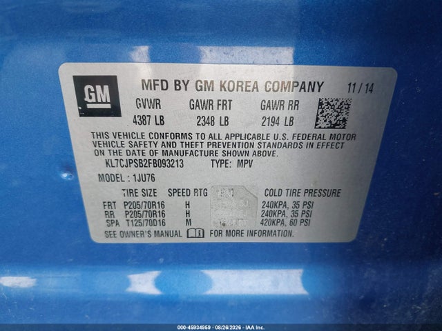 45934959 :رقم المزاد ، KL7CJPSB2FB093213 vin ، 2015 Chevrolet Trax Ls مزاد بيع
