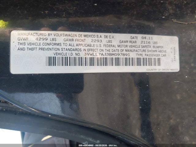 45934965 :رقم المزاد ، 3VWLL7AJ3BM097891 vin ، 2011 Volkswagen Jetta 2.0l Tdi مزاد بيع