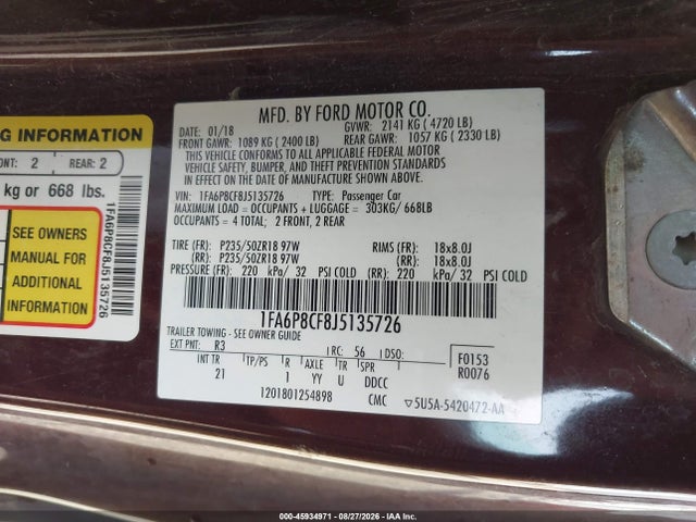 2018 Ford Mustang Gt მანქანა იყიდება აუქციონზე, vin: 1FA6P8CF8J5135726, აუქციონის ნომერი: 45934971