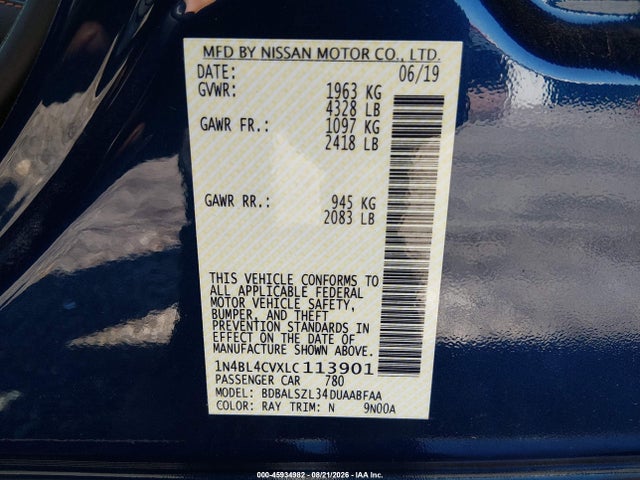 2020 Nissan Altima Sr Fwd მანქანა იყიდება აუქციონზე, vin: 1N4BL4CVXLC113901, აუქციონის ნომერი: 45934982