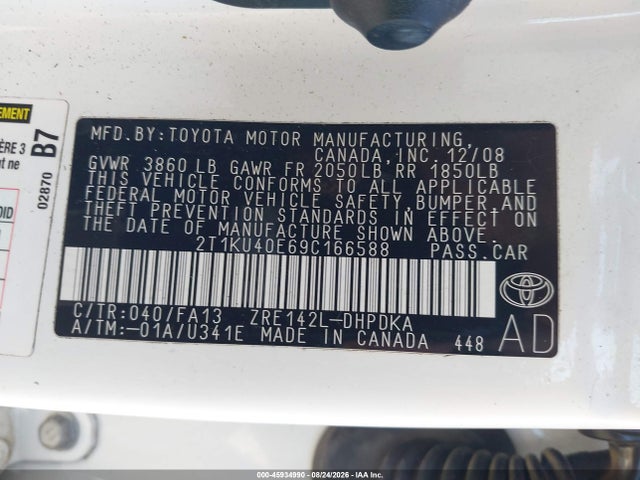 45934990 :رقم المزاد ، 2T1KU40E69C166588 vin ، 2009 Toyota Matrix مزاد بيع
