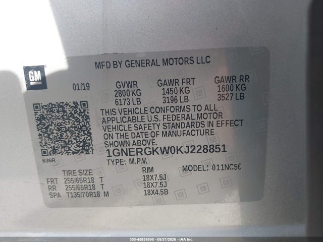 Продаж на аукціоні авто 2019 Chevrolet Traverse 1lt, vin: 1GNERGKW0KJ228851, номер лоту: 45934998
