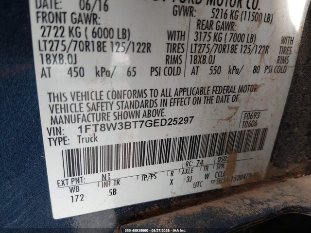 Продаж на аукціоні авто 2016 Ford F-350 Lariat, vin: 1FT8W3BT7GED25297, номер лоту: 45935000