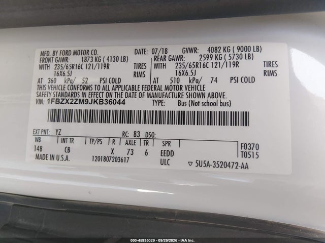 Продаж на аукціоні авто 2018 Ford Transit-350 Xl, vin: 1FBZX2ZM9JKB36044, номер лоту: 45935029
