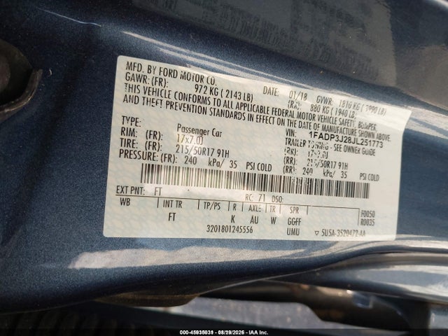 45935031 :رقم المزاد ، 1FADP3J28JL251773 vin ، 2018 Ford Focus Titanium مزاد بيع
