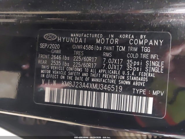 2021 Hyundai Tucson Se მანქანა იყიდება აუქციონზე, vin: KM8J23A4XMU346519, აუქციონის ნომერი: 45935044