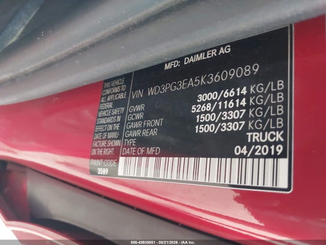 Aukcja sprzedaży 2019 Mercedes-benz Metris, vin: WD3PG3EA5K3609089, numer aukcji: 45935051