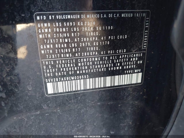 45935070 :رقم المزاد ، 3VV2B7AX8LM036593 vin ، 2020 Volkswagen Tiguan 2.0t Se/2.0t Se R-line Black/2.0t Sel مزاد بيع