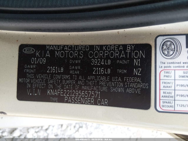 45935073 :رقم المزاد ، KNAFE221295657571 vin ، 2009 Kia Spectra Ex مزاد بيع