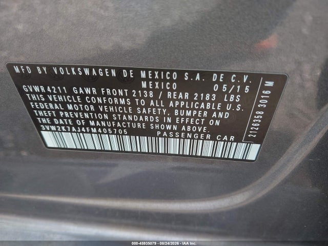 45935079 :رقم المزاد ، 3VW2K7AJ4FM405705 vin ، 2015 Volkswagen Jetta 2.0l S مزاد بيع