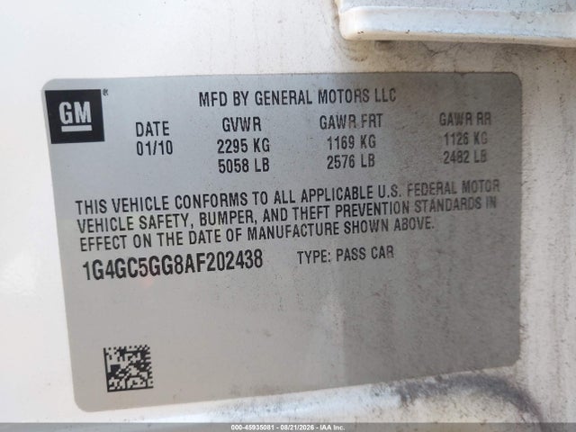 45935081 :رقم المزاد ، 1G4GC5GG8AF202438 vin ، 2010 Buick Lacrosse Cxl مزاد بيع