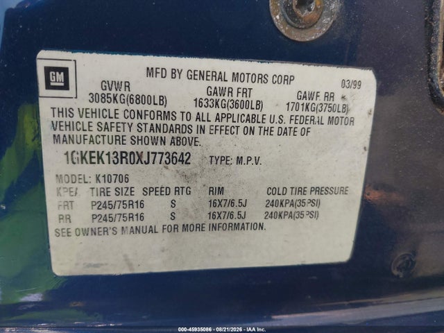 45935086 :رقم المزاد ، 1GKEK13R0XJ773642 vin ، 1999 Gmc Yukon Sle مزاد بيع