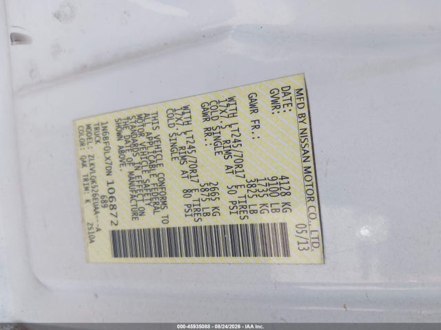 2013 Nissan Nv Cargo Nv2500 Hd S V6 მანქანა იყიდება აუქციონზე, vin: 1N6BF0LX7DN106872, აუქციონის ნომერი: 45935088