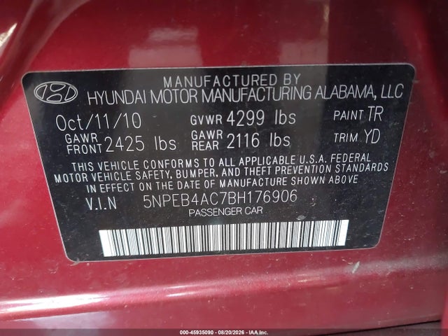 Aukcja sprzedaży 2011 Hyundai Sonata Gls, vin: 5NPEB4AC7BH176906, numer aukcji: 45935090