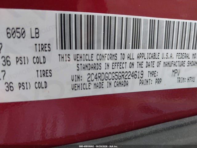 45935092 :رقم المزاد ، 2C4RDGCG5GR224619 vin ، 2016 Dodge Grand Caravan Sxt مزاد بيع