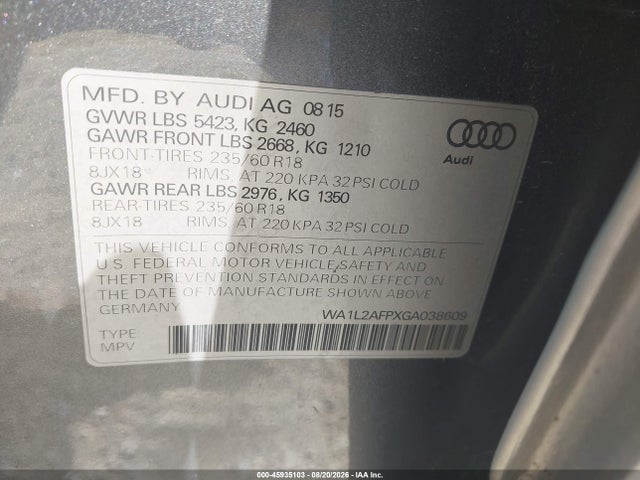 Aukcja sprzedaży 2016 Audi Q5 2.0t Premium, vin: WA1L2AFPXGA038609, numer aukcji: 45935103