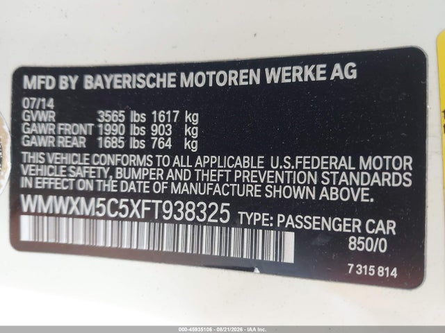 Aukcja sprzedaży 2015 Mini Hardtop Cooper, vin: WMWXM5C5XFT938325, numer aukcji: 45935106