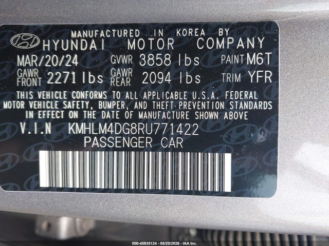 Продажа на аукционе авто 2024 Hyundai Elantra Sel, vin: KMHLM4DG8RU771422, номер лота: 45935124