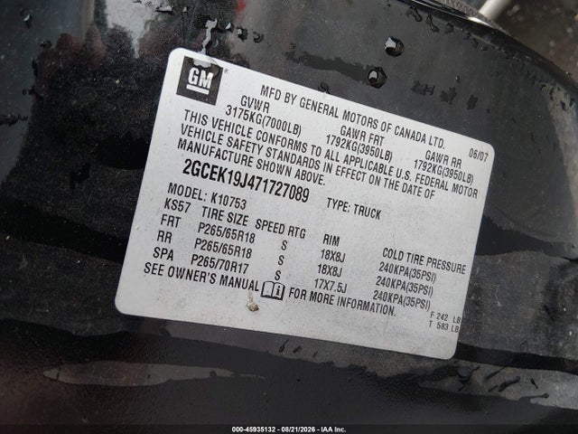 2007 Chevrolet Silverado 1500 Lt1 მანქანა იყიდება აუქციონზე, vin: 2GCEK19J471727089, აუქციონის ნომერი: 45935132
