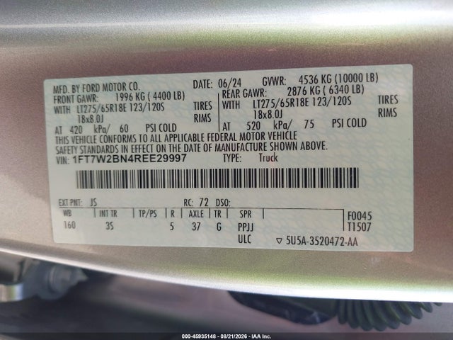 2024 Ford F-250 Xlt მანქანა იყიდება აუქციონზე, vin: 1FT7W2BN4REE29997, აუქციონის ნომერი: 45935148