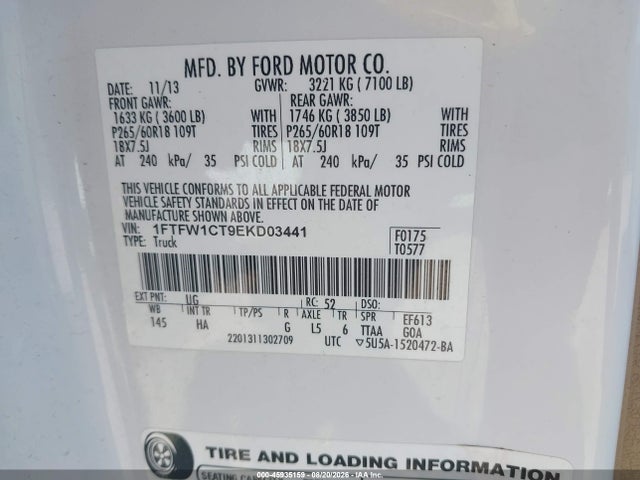 Продажа на аукционе авто 2014 Ford F-150 Lariat, vin: 1FTFW1CT9EKD03441, номер лота: 45935159