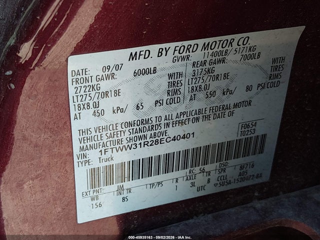 45935163 :رقم المزاد ، 1FTWW31R28EC40401 vin ، 2008 Ford Super Duty F-350 Srw Fx4/harley-davidson/king Ranch/lariat/xl/xlt مزاد بيع