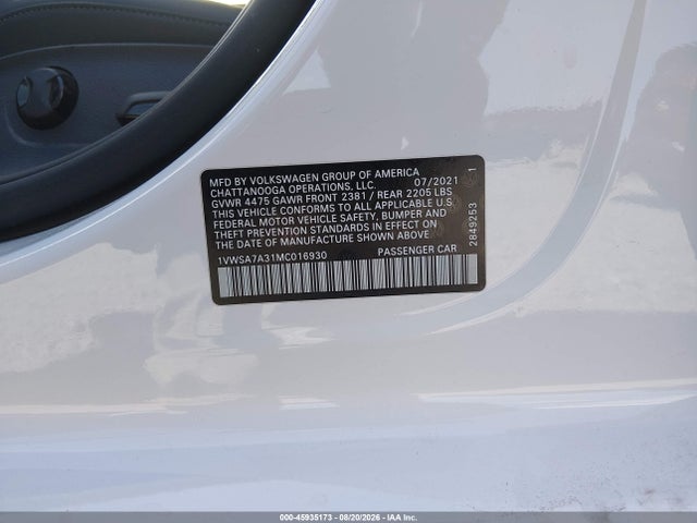 Продажа на аукционе авто 2021 Volkswagen Passat 2.0t Se, vin: 1VWSA7A31MC016930, номер лота: 45935173