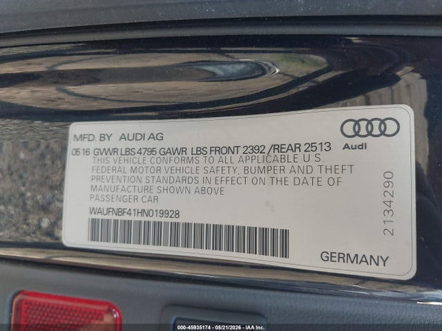 Aukcja sprzedaży 2017 Audi A4 Prestige, vin: WAUFNBF41HN019928, numer aukcji: 45935174