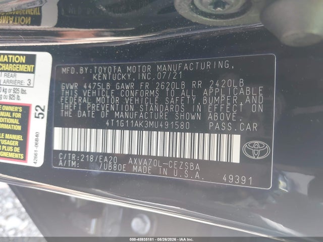 Aukcja sprzedaży 2021 Toyota Camry Se, vin: 4T1G11AK3MU491580, numer aukcji: 45935181