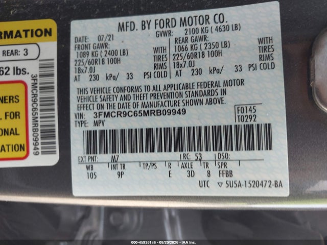 Продажа на аукционе авто 2021 Ford Bronco Sport Outer Banks, vin: 3FMCR9C65MRB09949, номер лота: 45935186