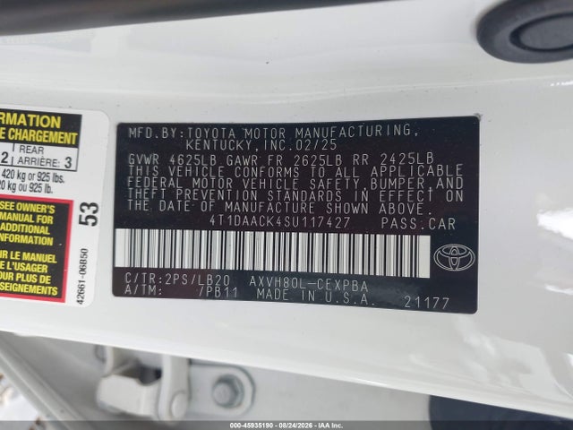 45935190 :رقم المزاد ، 4T1DAACK4SU117427 vin ، 2025 Toyota Camry Xse مزاد بيع