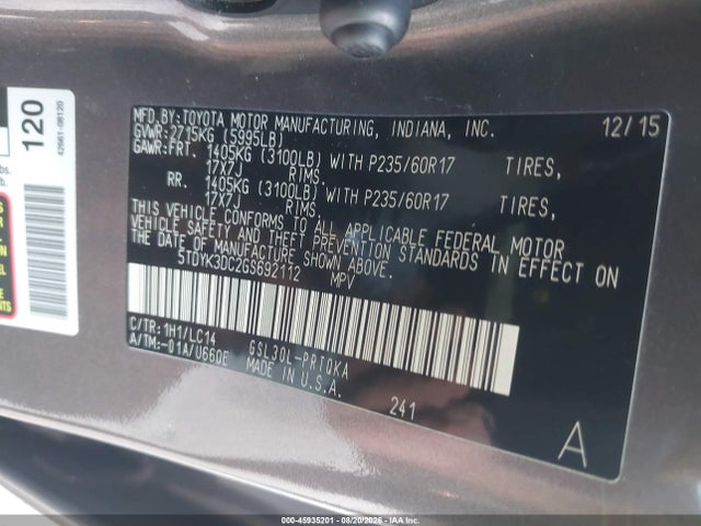 45935201 :رقم المزاد ، 5TDYK3DC2GS692112 vin ، 2016 Toyota Sienna Xle 8 Passenger مزاد بيع