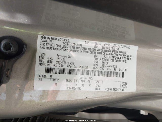 45935214 :رقم المزاد ، 1FADP3F20GL265863 vin ، 2016 Ford Focus Se مزاد بيع