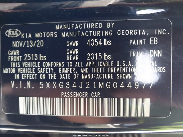 Продажа на аукционе авто 2021 Kia K5 Ex, vin: 5XXG34J21MG044977, номер лота: 45935216