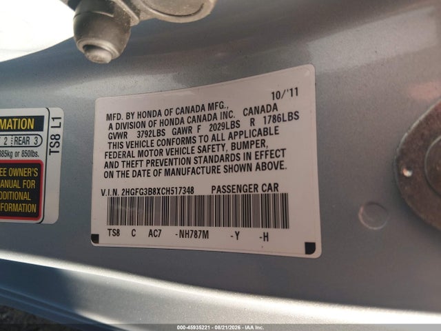 Aukcja sprzedaży 2012 Honda Civic Ex, vin: 2HGFG3B8XCH517348, numer aukcji: 45935221