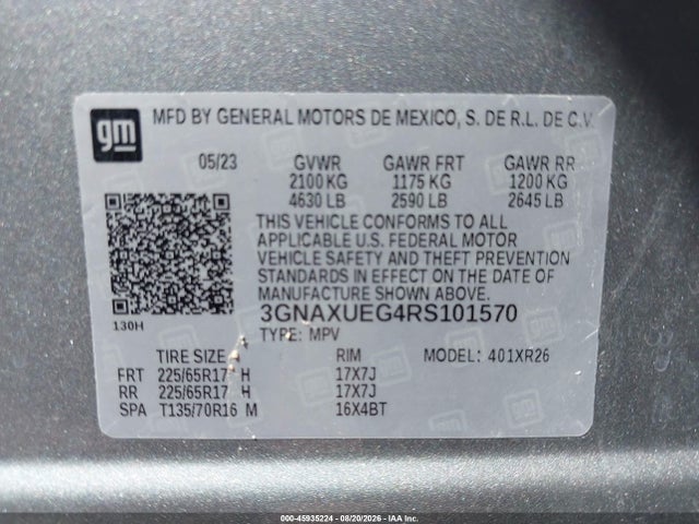 Продаж на аукціоні авто 2024 Chevrolet Equinox Awd Lt, vin: 3GNAXUEG4RS101570, номер лоту: 45935224