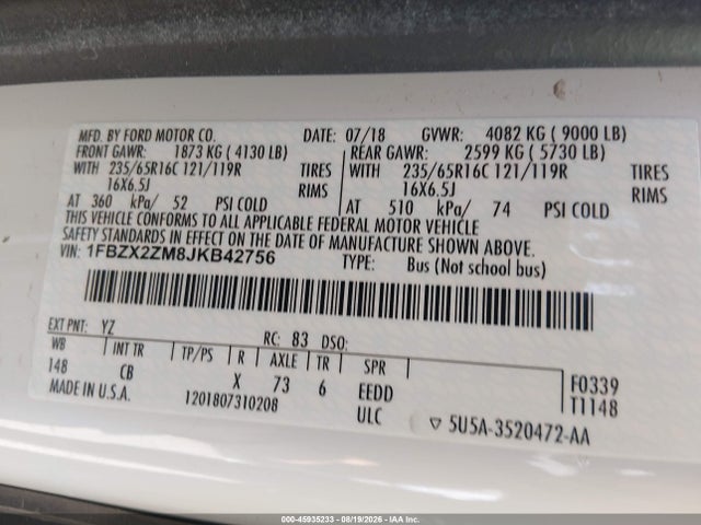 Продаж на аукціоні авто 2018 Ford Transit-350 Xl, vin: 1FBZX2ZM8JKB42756, номер лоту: 45935233