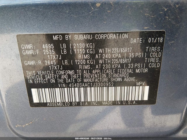 Aukcja sprzedaży 2018 Subaru Outback 2.5i, vin: 4S4BSAAC1J3300952, numer aukcji: 45935248
