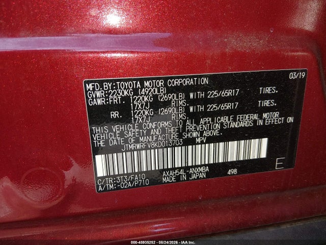 Aukcja sprzedaży 2019 Toyota Rav4 Hybrid Xle, vin: JTMRWRFV8KD013703, numer aukcji: 45935252