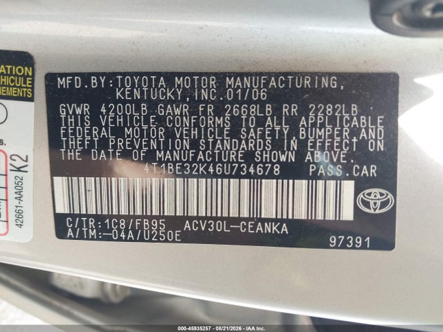 45935257 :رقم المزاد ، 4T1BE32K46U734678 vin ، 2006 Toyota Camry Le مزاد بيع
